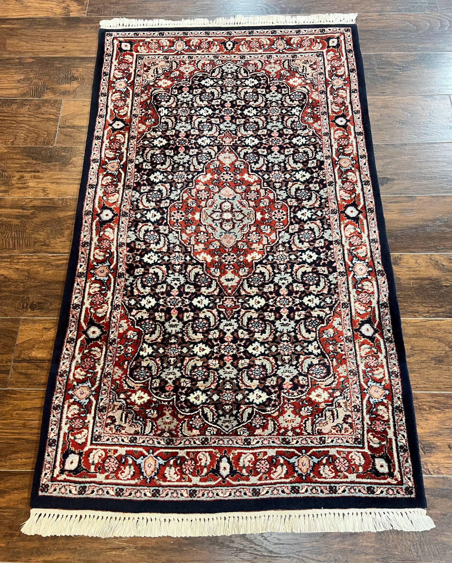 Indo Persian Rug 3x4 Herati Allover Handmade Wool Midnight Blue and Red