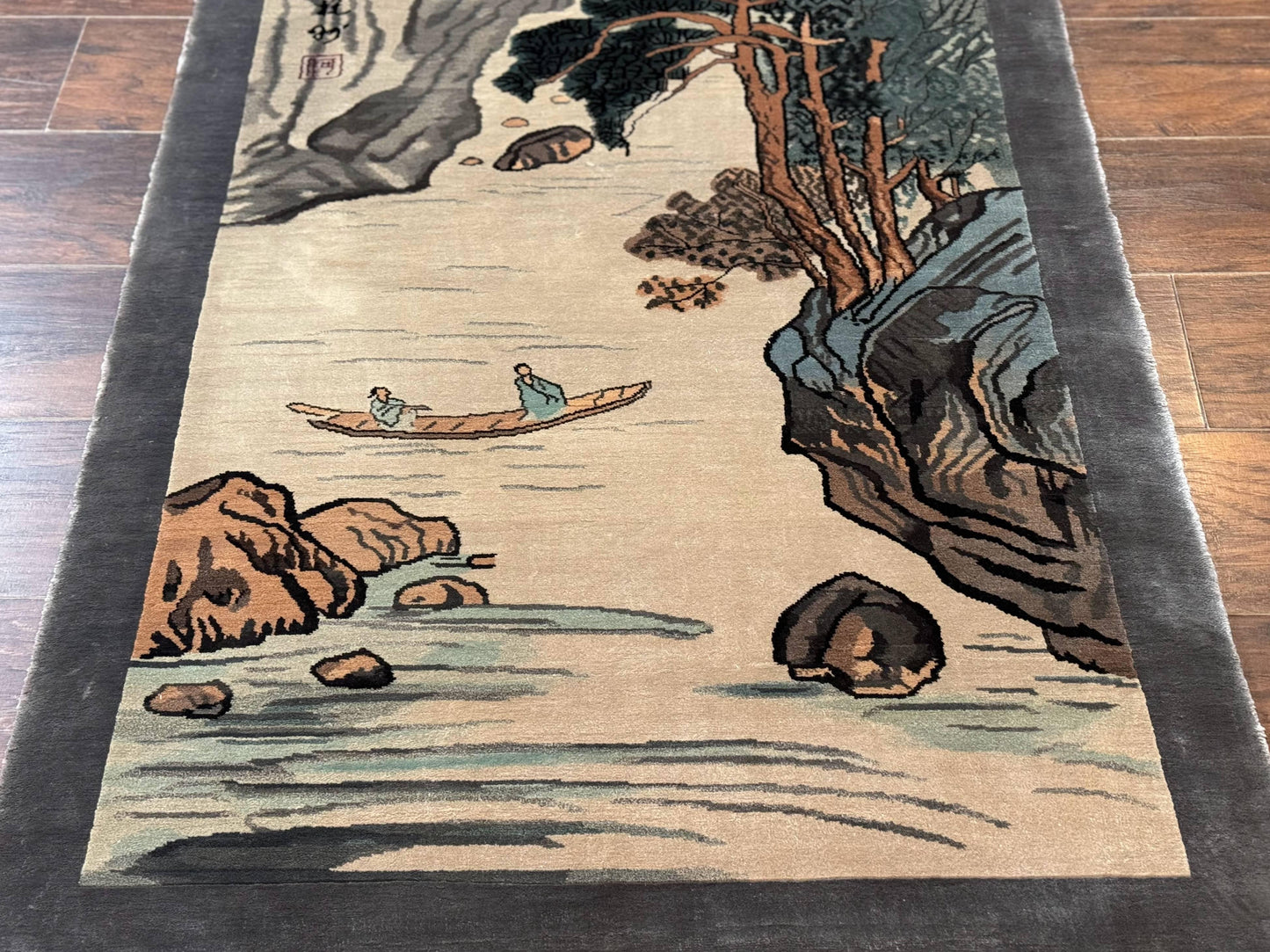 Chinese Silk Wall Hanging Hand Knotted 3x5 Feet River And Boat Scene Rug Tapestry For Home Decor