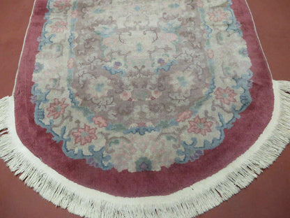 Oval Chinese Art Deco Rug 3x5 Vintage Wool Carpet Hand Knotted 1960s