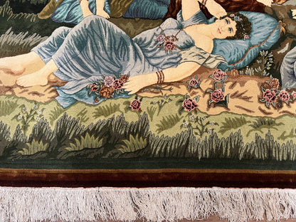 Persian Tabriz Pictorial Rug 5x3, Women Laying By River, Super Fine 60 Raj 480+ KPSI, Hand Knotted Wool Rug, Semi Antique Vintage Oriental Carpet