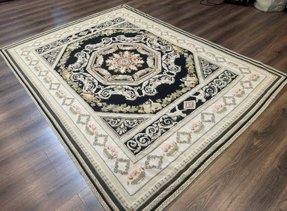 Vintage Aubusson Rug 6x8 Wool Hand Knotted European Design Lion Pictorial Black