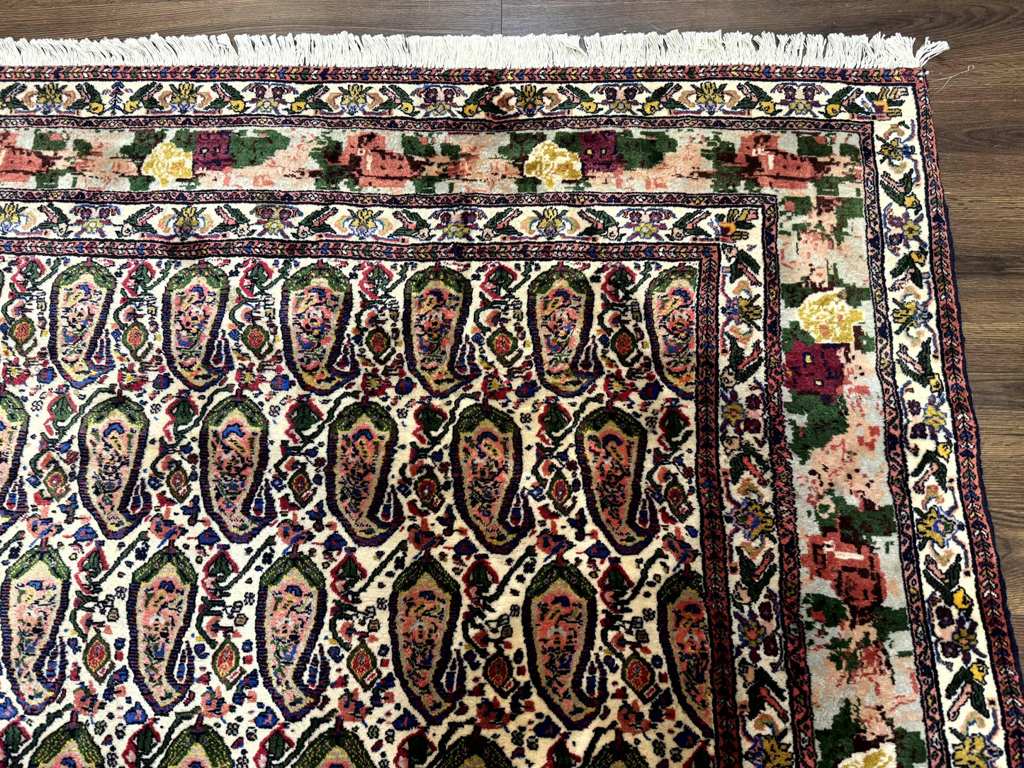 Persian Rug 8x11, Boteh Design, Repeated Paisleys, Persian Kurdish Rug, Bird Pictorials, Rare Antique Persian Kurdish Sannadaji Carpet