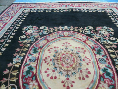 Vintage Chinese Aubusson Hand Knotted Wool Rug 9 By 12 Feet Black
