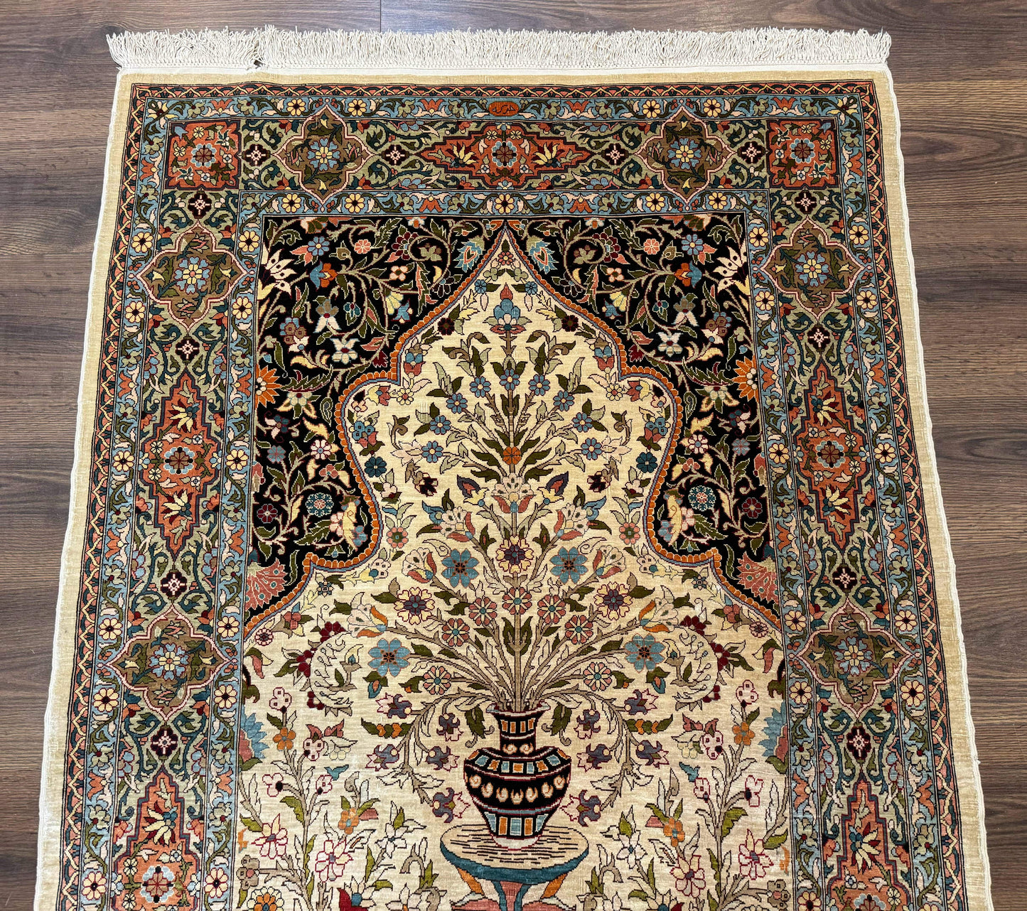 Rare Turkish Hereke Silk Rug 3x5, Tree of Life Persian Vase Design, Very Fine 440 KPSI, Signed