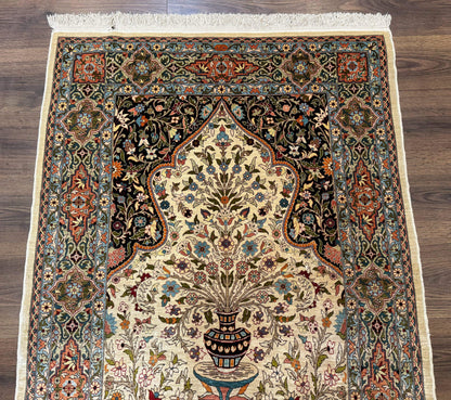 Rare Turkish Hereke Silk Rug 3x5, Tree of Life Persian Vase Design, Very Fine 440 KPSI, Signed