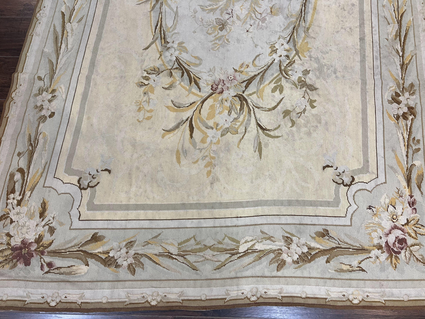 Needlepoint Rug 6x9, Elegant European Design Aubusson Carpet, Vintage Wool Handmade Rug, Light Yellow Ivory