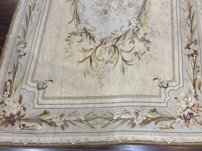Needlepoint Rug 6x9, Elegant European Design Aubusson Carpet, Vintage Wool Handmade Rug, Light Yellow Ivory
