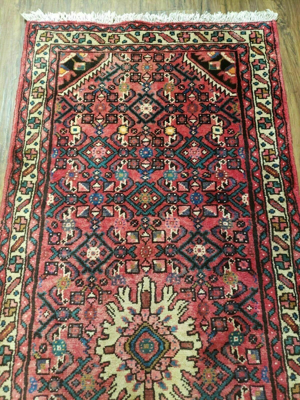 Persian Hamadan Runner Rug 2ft 8in X 13ft 9in Vintage Handmade Wool Red