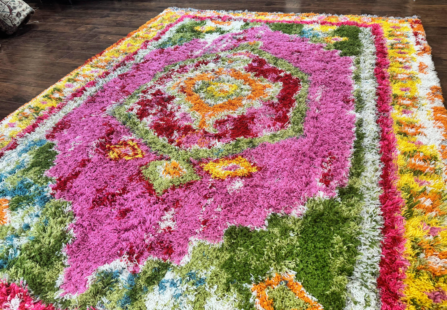 Colorful Shag Rug 8x10 Wool Area Rug In Fuchsia And Multicolor Vintage Power Loomed