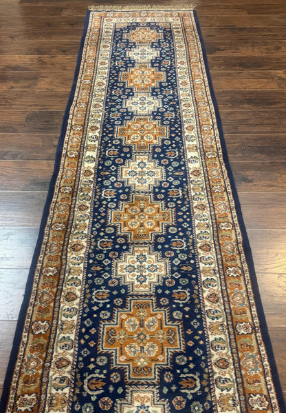 Indo Persian Runner Rug 2.6 x 12.7, Indian Kashmiri Runner for Hallway or Kitchen, Navy Blue, Geometric Medallions, Handmade Wool