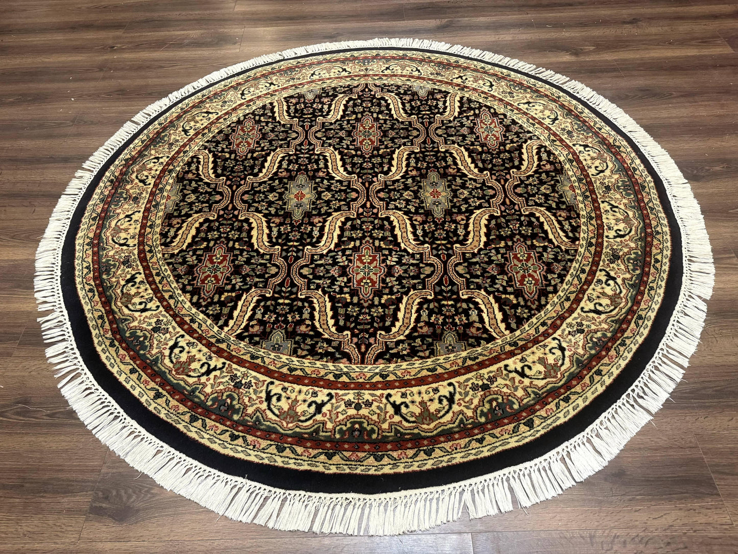 Indo Persian Bidjar Rug Round 6x6 Wool Hand Knotted Navy Blue Beige