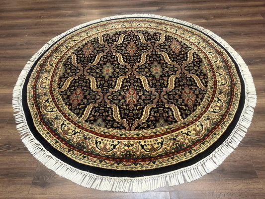 Indo Persian Bidjar Rug Round 6x6 Wool Hand Knotted Navy Blue Beige