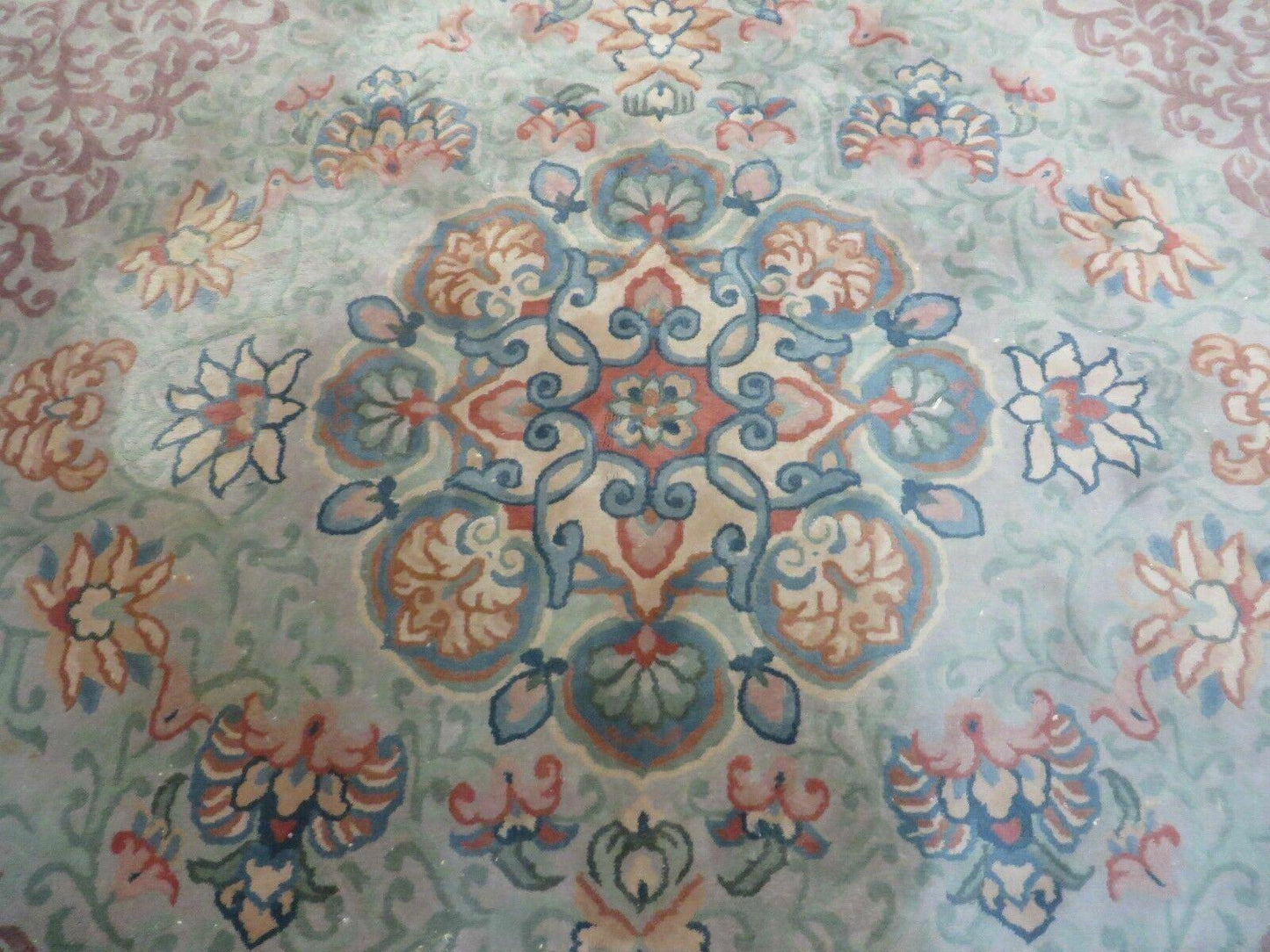 Vintage Handmade Chinese Wool Rug Floral Design 9 by 12 Feet