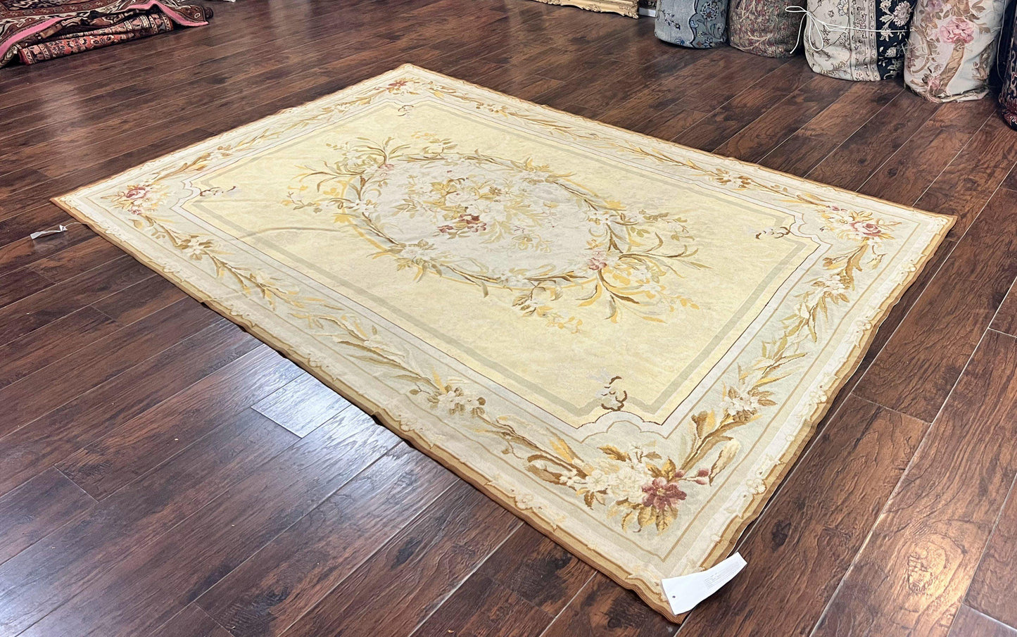 Needlepoint Rug 6x9, Elegant European Design Aubusson Carpet, Vintage Wool Handmade Rug, Light Yellow Ivory
