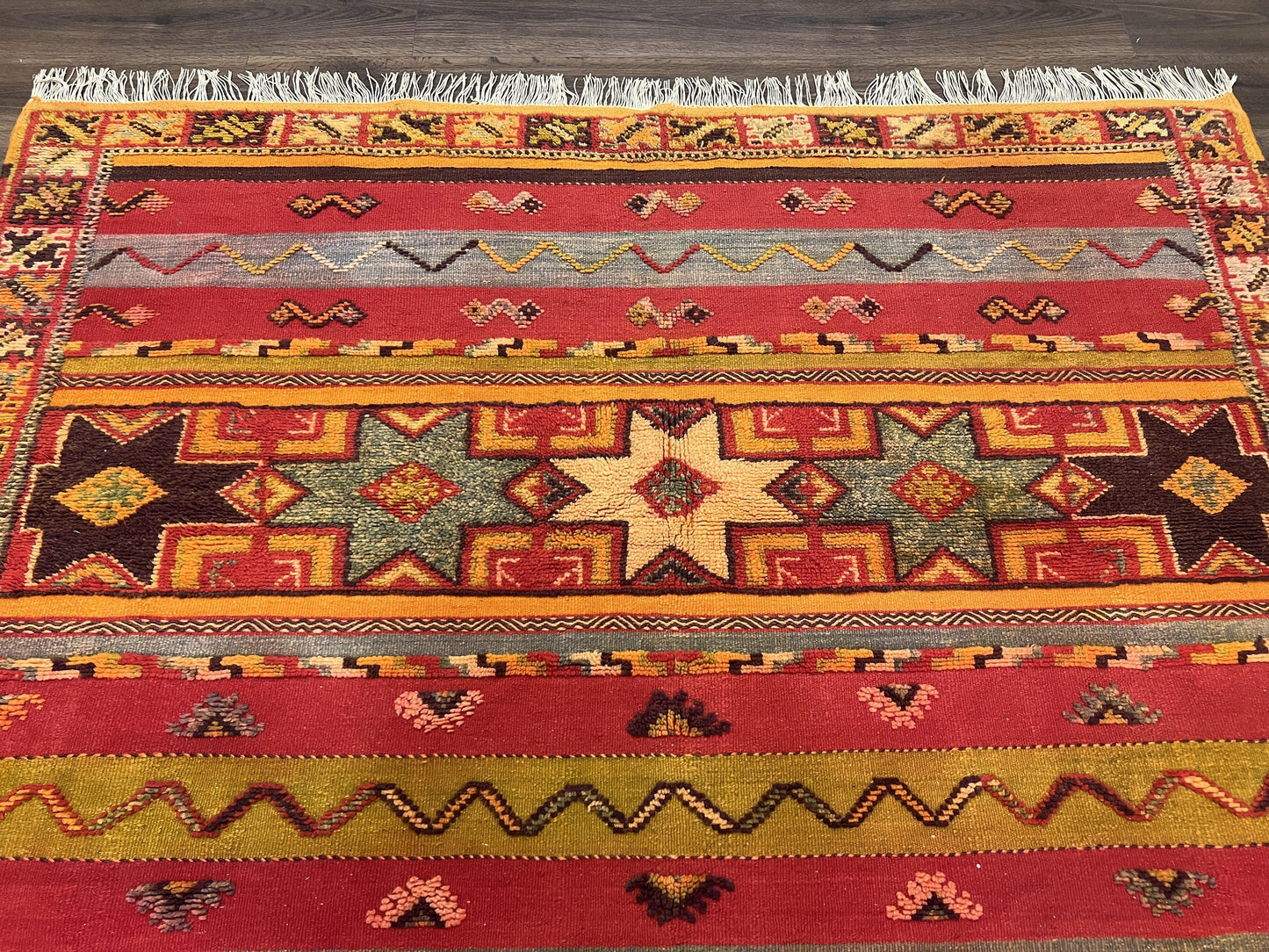 Unique Moroccan Rug 7x10, Room Sized Carpet, Red Orange Gray, Wool Oriental Striped Geometric Tribal Boho Rug, Flatweave with Raised Pile