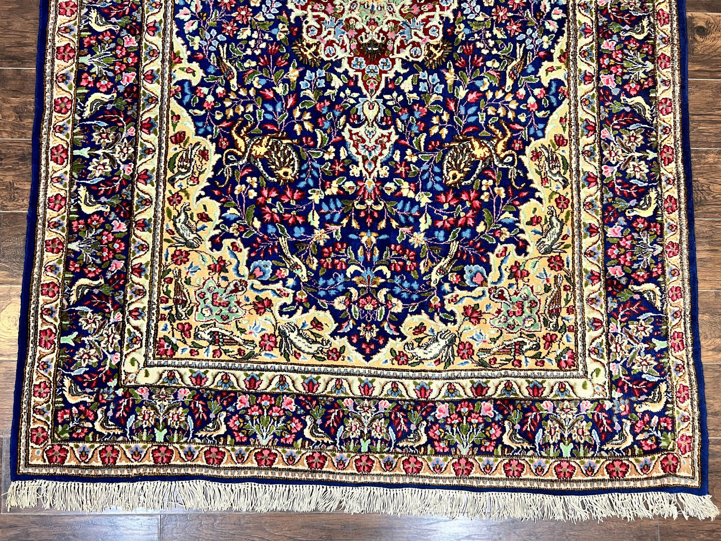 Persian Kirman Rug 6x9, Floral Medallion Vintage Wool Handmade Carpet 6 x 9, Animal Pictorials Birds, Semi Antique, Navy Blue, Millefleur