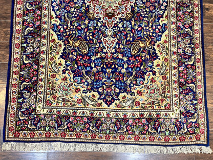 Persian Kirman Rug 6x9, Floral Medallion Vintage Wool Handmade Carpet 6 x 9, Animal Pictorials Birds, Semi Antique, Navy Blue, Millefleur