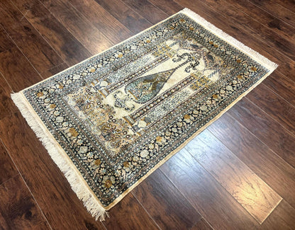 Kashmiri Silk Rug 3x4 Handmade Silk Prayer Rug 400 KPSI Premium Quality