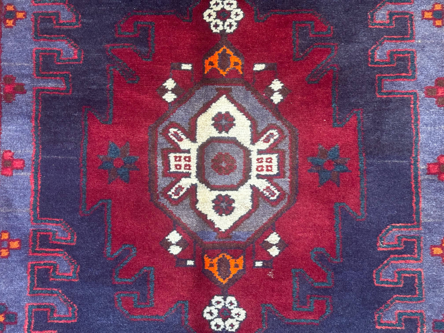 Persian Karajeh Runner Rug 3.6 x 9.5, Geometric Medallions, Tribal Village Rug, Navy Blue, Handmade