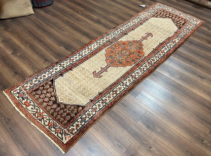 Rare Persian Tribal Runner Rug 3.5 x 10, Sarab Serab Kalegy Carpet, Antique 1920s Collectible Geometric Medallion Oriental Wool Runner, Hand Knotted, Camel Hair Color