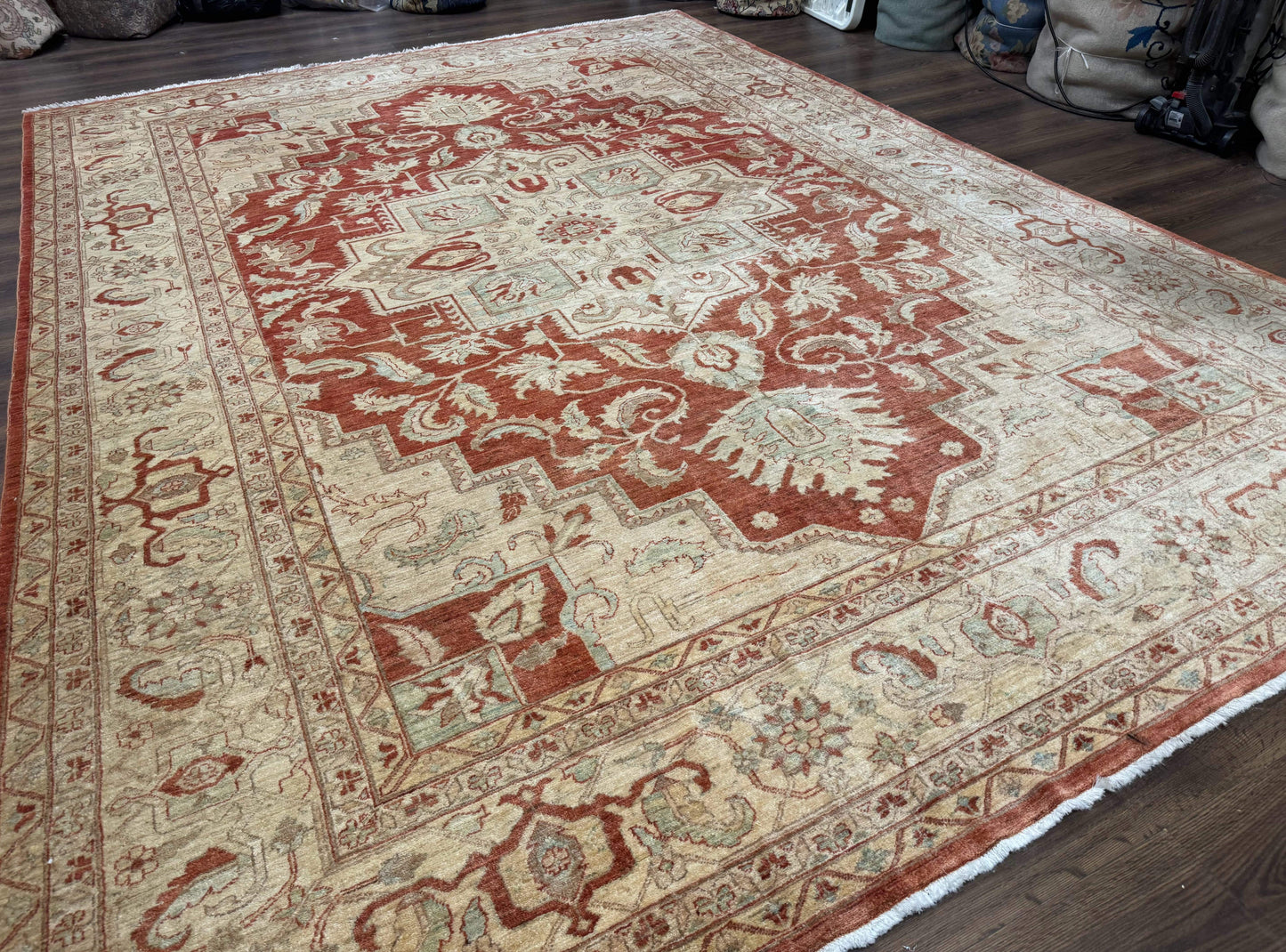 Turkish Heriz Serapi Rug 9x13 Geometric Medallion Hand Knotted Wool Vintage Area Rug