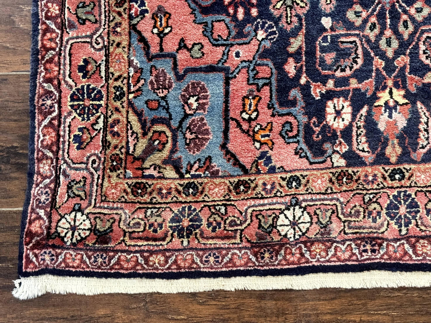 Persian Rug 3x5, Jozan Sarouk Rug, Navy Blue and Coral, Medallion Rug, Semi Antique
