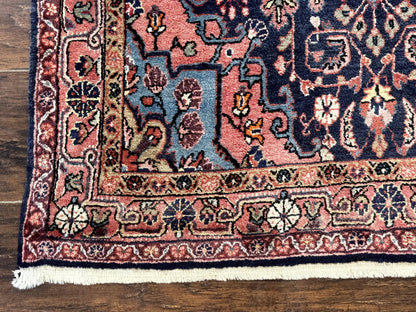 Persian Rug 3x5, Jozan Sarouk Rug, Navy Blue and Coral, Medallion Rug, Semi Antique