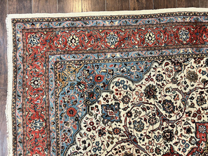 Persian Sarouk Rug 8x12 Hand Knotted Wool Antique Carpet With Cream Red Floral Medallion