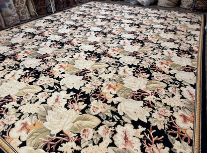 Palace Size Needlepoint Rug 13x17, Extra Large Wool Floral Handmade Carpet, European Design, Botanical