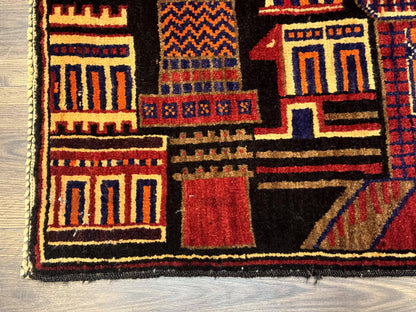 Balouch Rug 3x5 City Pictorial Afghan Hand Knotted Wool Area Rug