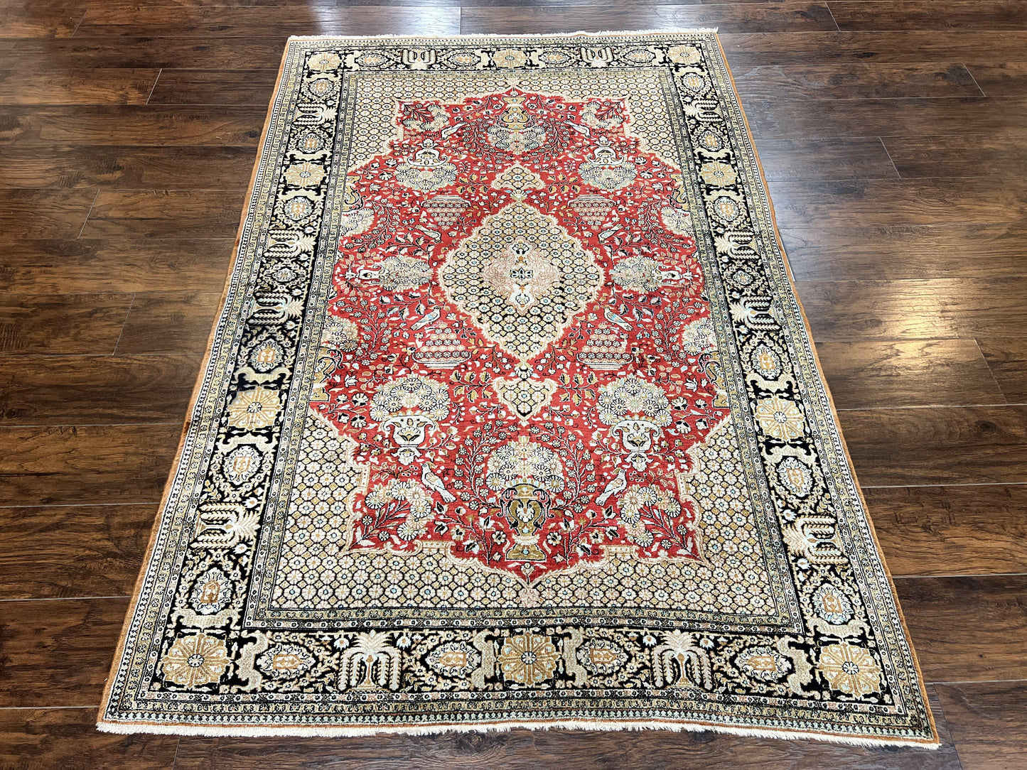 Persian Silk Rug 5x7 Hand Knotted Vintage Qum Carpet With Birds Floral Vases Red