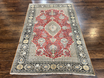 Persian Silk Rug 5x7 Hand Knotted Vintage Qum Carpet With Birds Floral Vases Red