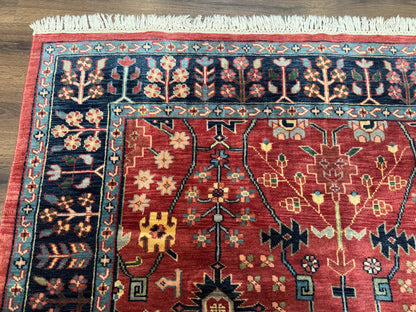 Indo Persian Heriz Serapi Rug 6x8 Handmade Wool Allover Pattern In Rust Red And Navy Blue
