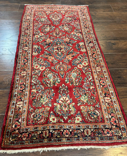 Red Persian Sarouk Rug 3 x 5.8, Antique Wool Carpet, 210 KPSI