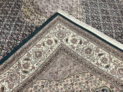 Sino Persian Rug 9x12, Dark Green and Ivory, Medallion, Mahi Herati, Elegant Oriental Carpet, Wool Hand Knotted Traditional Room Sized Rug