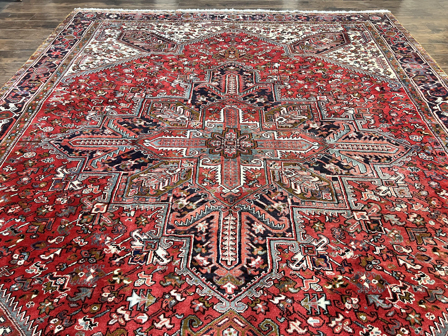 Large Persian Heriz Rug 10x13, Wool Hand Knotted Antique Carpet, Red and Ivory, Geometric Tribal Room Sized Rug, Decorative Oriental Rug
