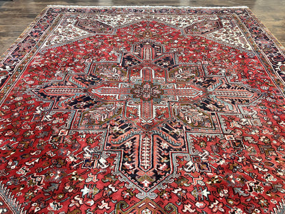 Large Persian Heriz Rug 10x13, Wool Hand Knotted Antique Carpet, Red and Ivory, Geometric Tribal Room Sized Rug, Decorative Oriental Rug