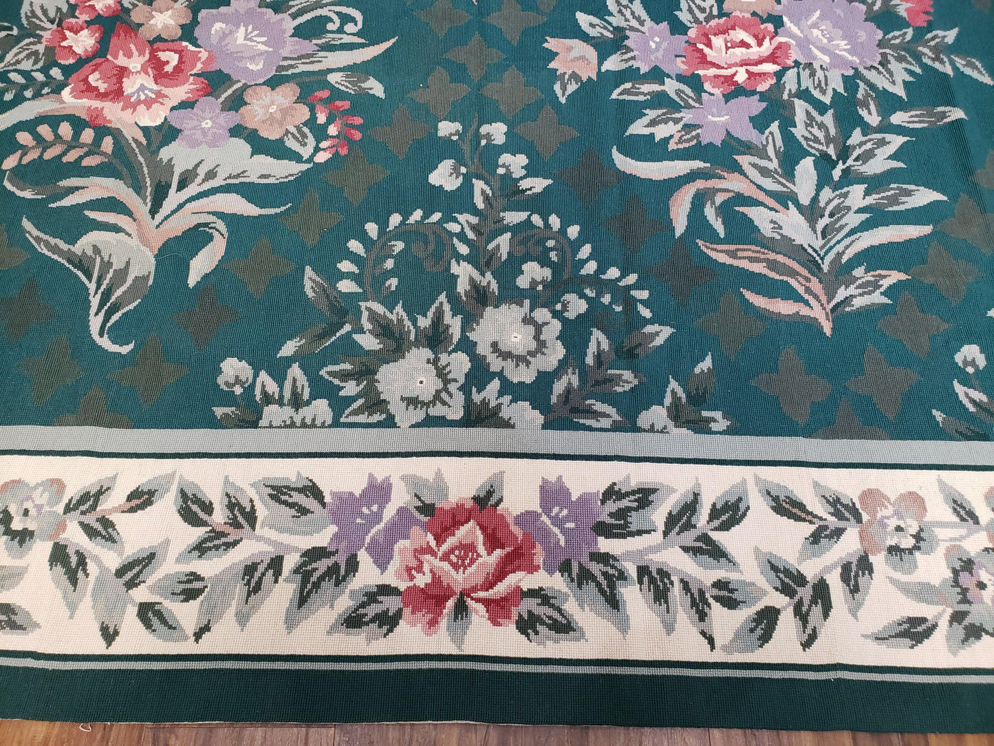 Chinese Needlepoint Rug 8x10 Vintage Green Handwoven Wool Carpet European Floral Living Room Rug