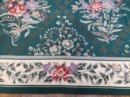 Chinese Needlepoint Rug 8x10 Vintage Green Handwoven Wool Carpet European Floral Living Room Rug
