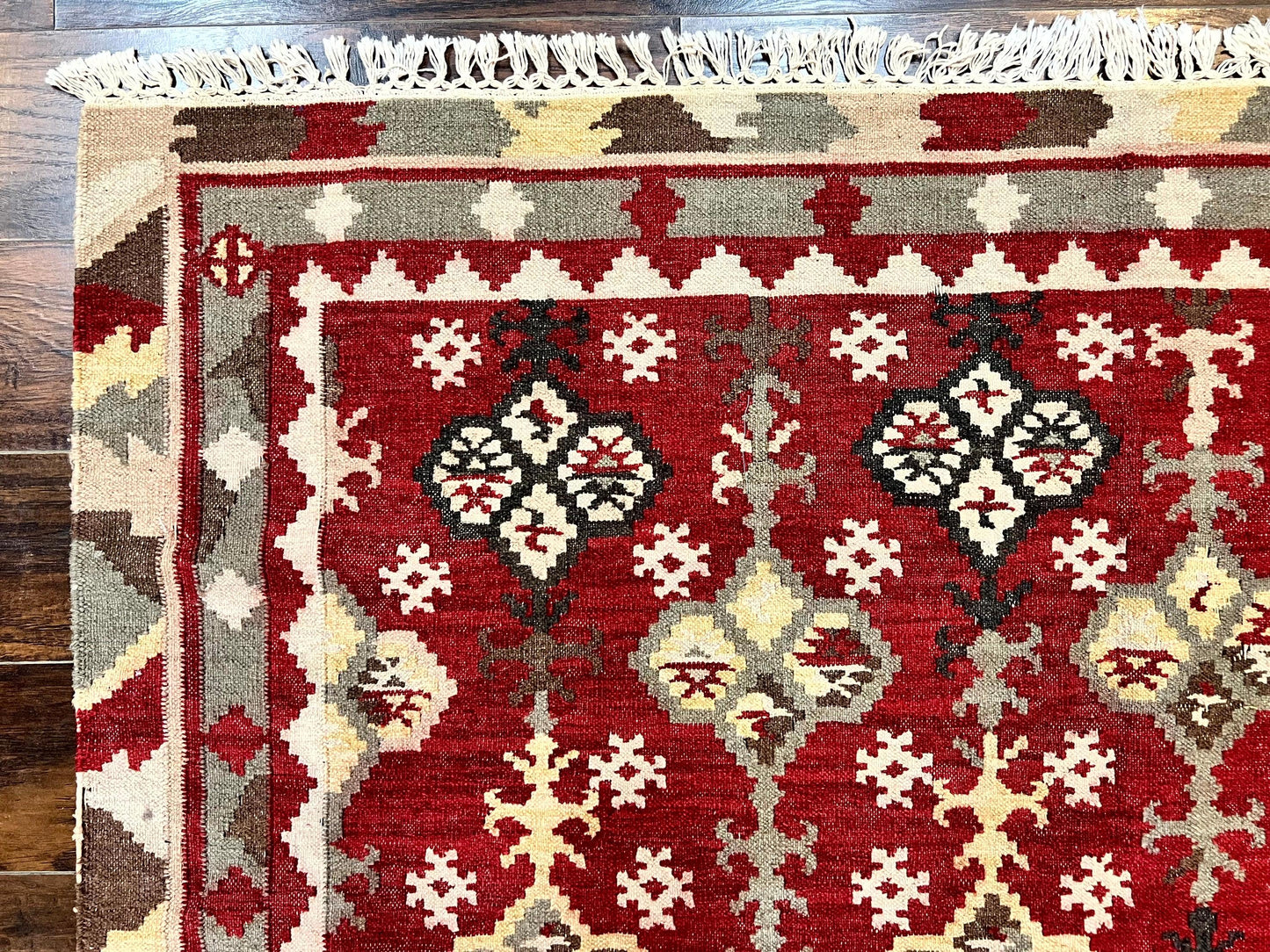 Indian Kilim Rug 6x6 Square Flatweave Wool Carpet Vintage Handmade Red