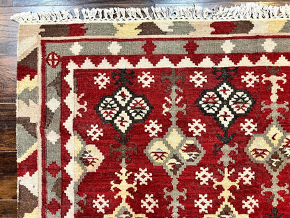Indian Kilim Rug 6x6 Square Flatweave Wool Carpet Vintage Handmade Red