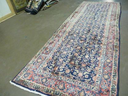 Antique Indian Floral Wool Runner Rug Handmade Oriental Blue 3ft7in X 10ft