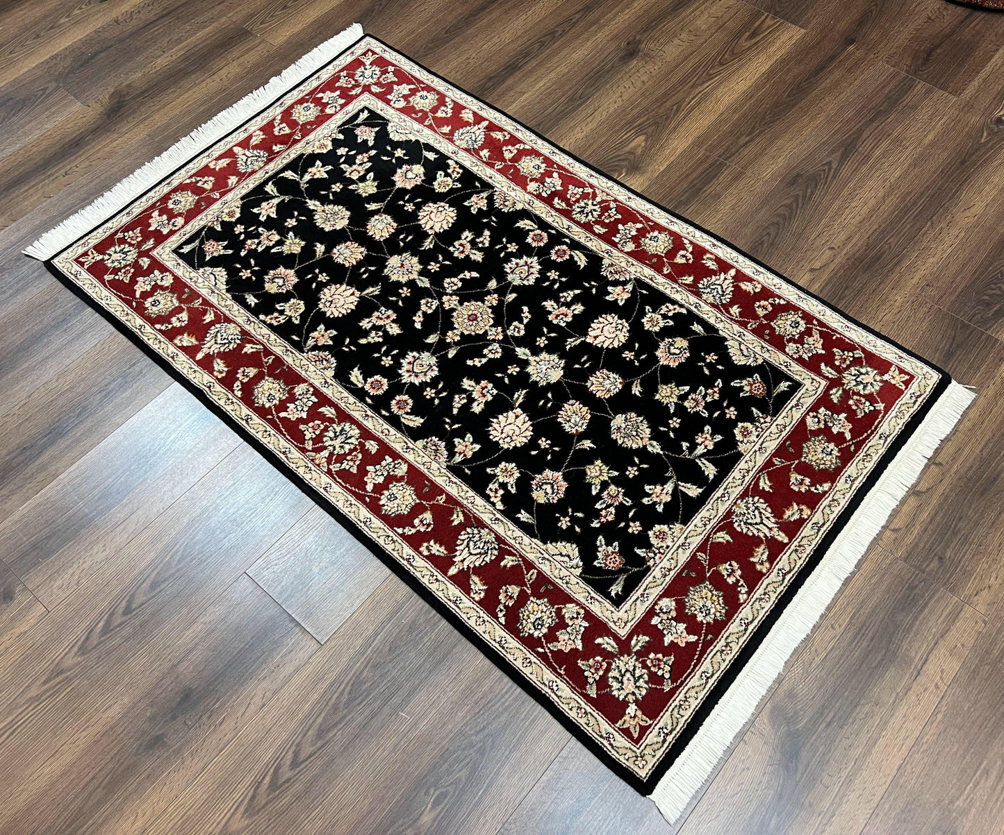 Pak Persian Rug 3x5, Black and Red, Floral Allover, Vintage Hand Knotted Wool Oriental Carpet, Pakistani Rug, Small Handmade Area Rug 3 x 5