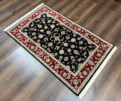 Pak Persian Rug 3x5, Black and Red, Floral Allover, Vintage Hand Knotted Wool Oriental Carpet, Pakistani Rug, Small Handmade Area Rug 3 x 5