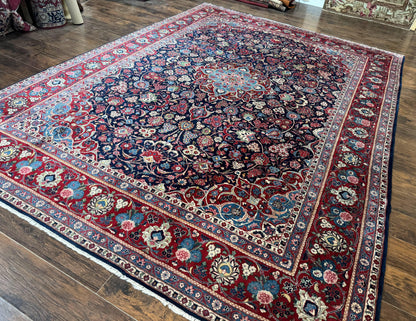 Navy Blue Persian Kashan Rug 9x12 Antique Carpet Wool 200 KPSI