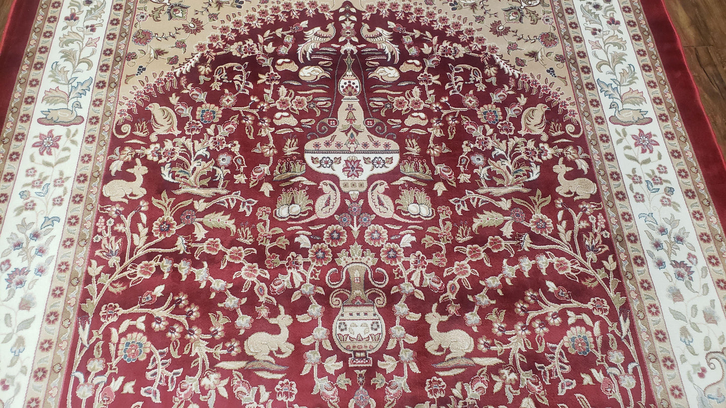 Silk Carpet 4x6 Dark Red & Cream, Tree of Life Rug, Animal Motifs, Birds Deer Rabbits, All Bamboo Silk, 4 x 6 Silk Area Rug