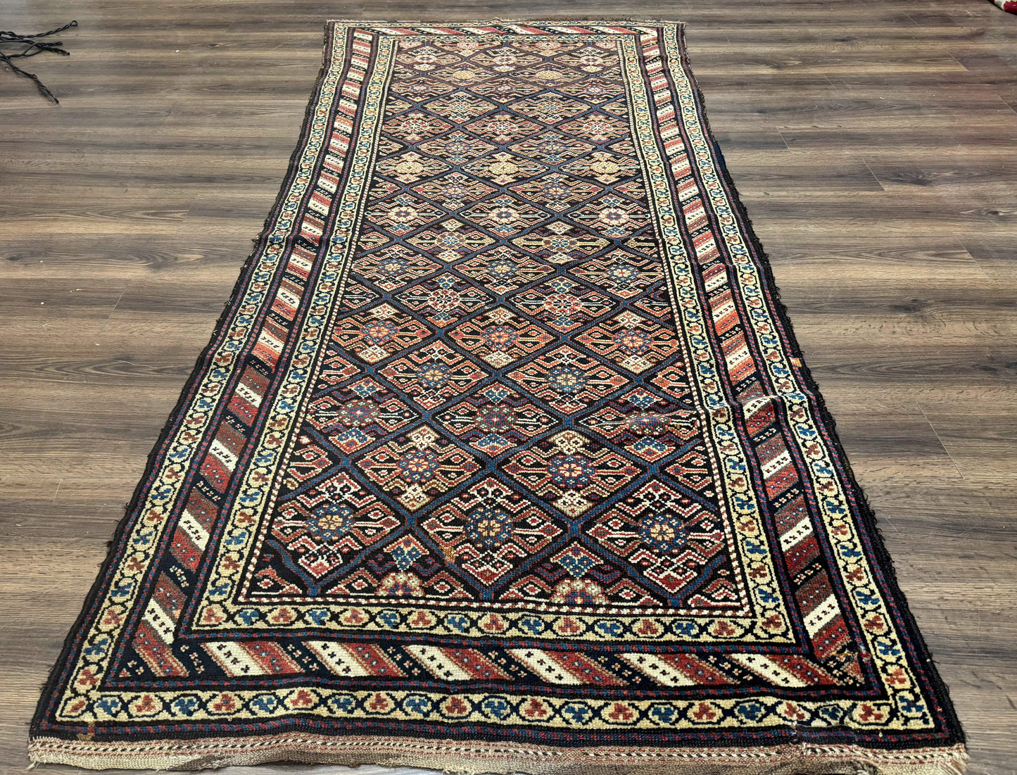 Antique Persian Wide Runner Rug 4x9, Kurdish Rug, Panel Design, Rainbow Border, Rare Tribal Rug