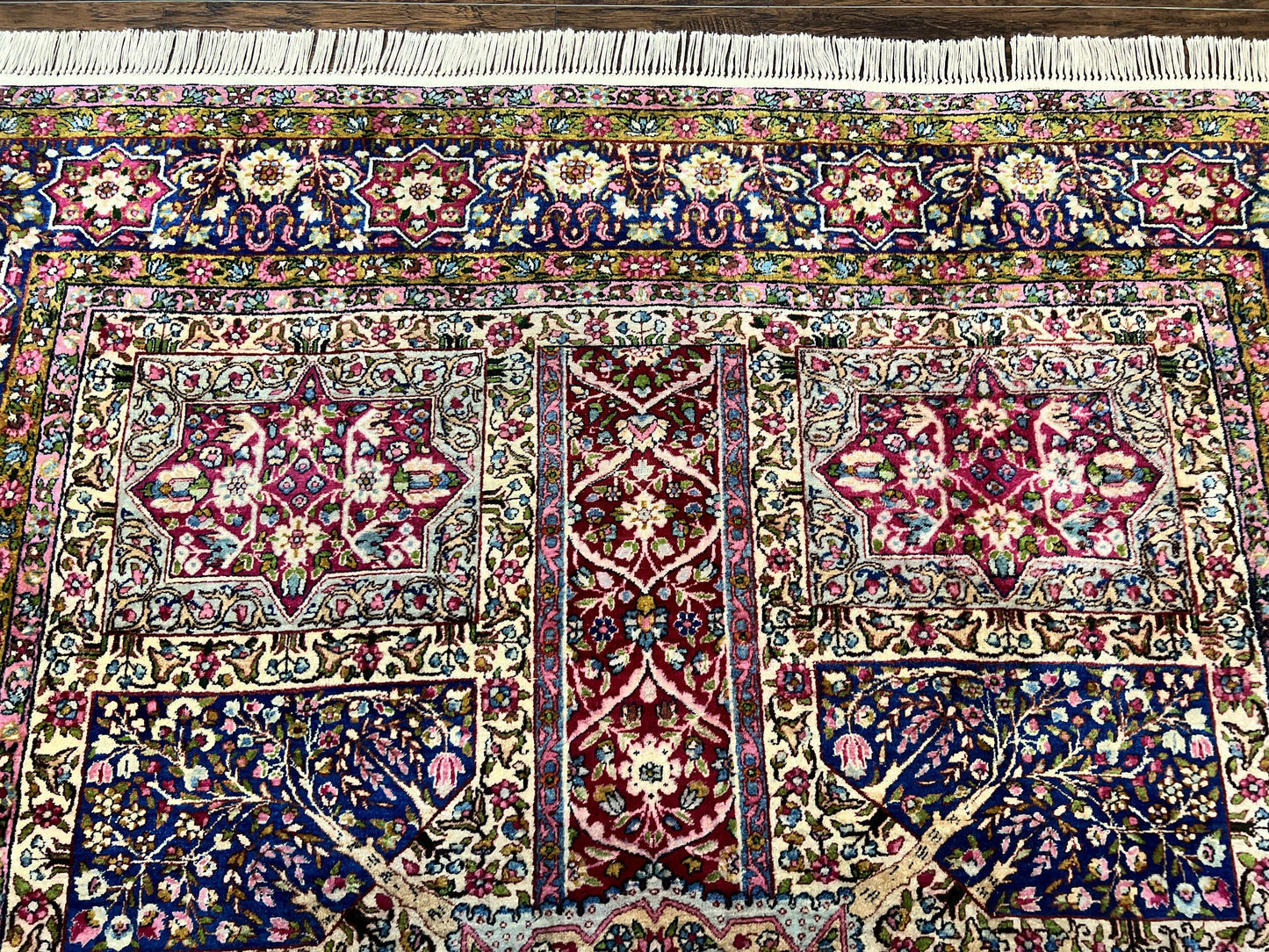 Persian Kirman Lavar Rug 8x9, Antique Persian Carpet, Colorful Multicolor 1920s Handmade Wool Rug, Garden Panel Design, Fine 200 KPSI