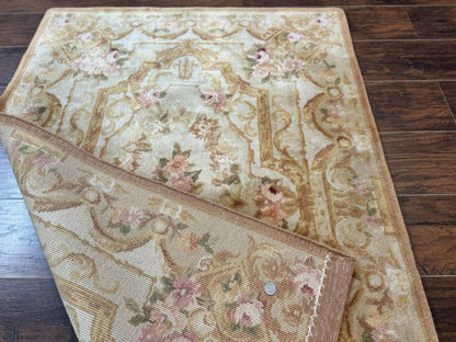 Handmade Chinese Aubusson Rug 3.6 x 5 Beige and Gold Vintage European Design