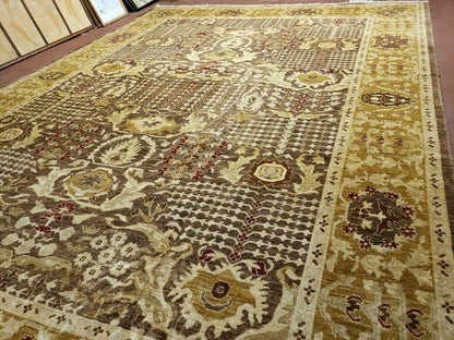 Pak Peshavar Chobi Agra Wool Carpet 10x14 Handmade Floral Pattern Rug Coffee Brown Gold